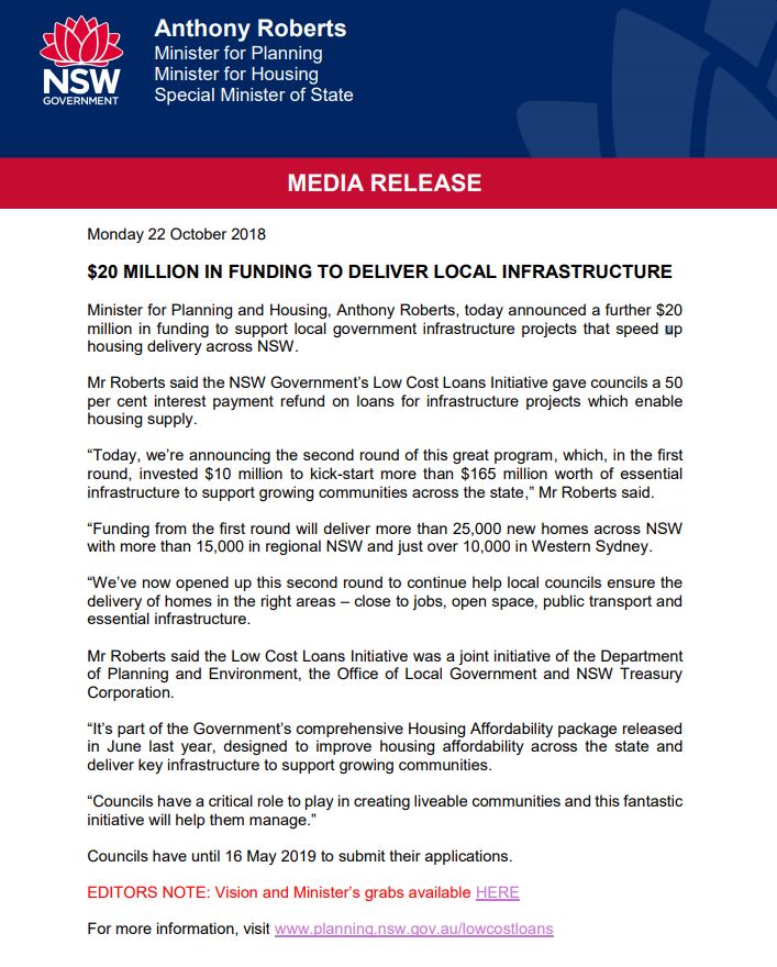 nswdphi's tweet photo. Minister for Planning and Housing, Anthony Roberts, today announced a further $20 million in funding to support local government #infrastructure projects that speed up #housing delivery across NSW. #lowcostloansinitiative #LCLI https://t.co/KvYxPWINDd https://t.co/sYJIaqlCZ3