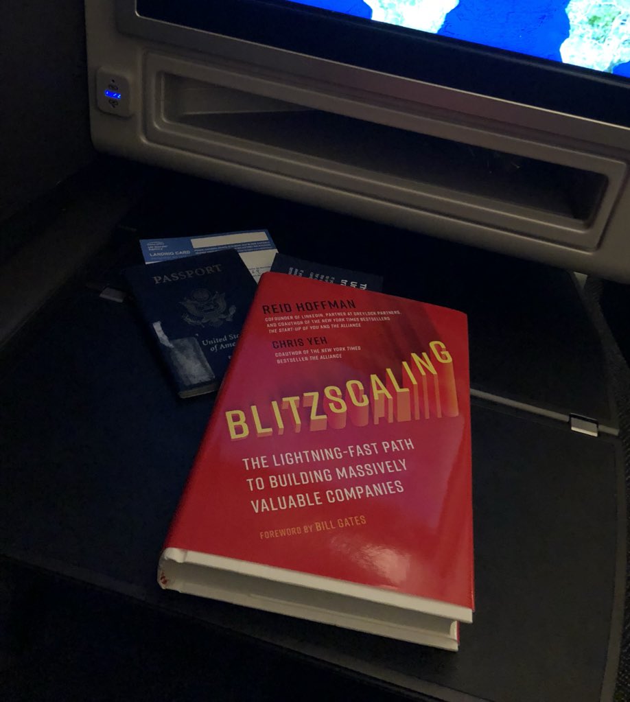 dkhos's tweet image. Some excellent company on my flight to Europe. Great insights on growth trade offs, different biz models and bets to make from @reidhoffman on #blitzscaling