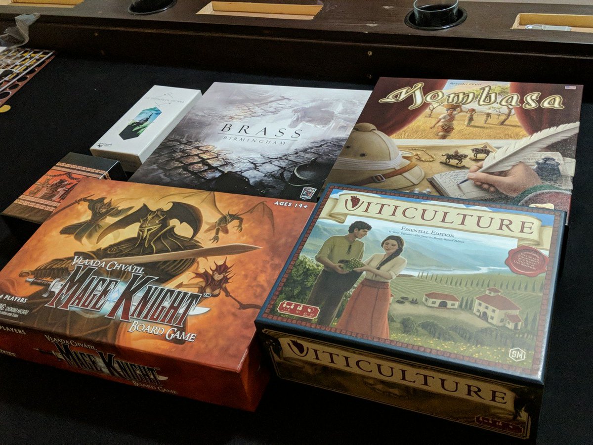 ocqueries's tweet photo. Good weekend of board gaming with Ben @MarcTTG @kjrevia @marc_piquette #viticulture #mageknight #shipwreckarcana #brass #spqf #mombasa Hooray for gaming with friends https://t.co/CuX8jjsIi1