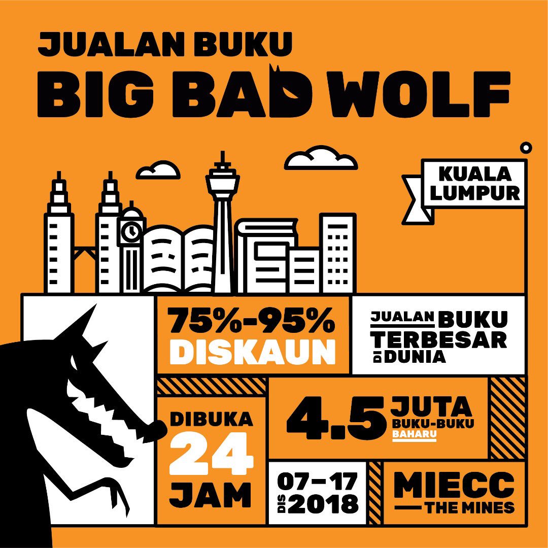 bigbadwolfbooks's tweet photo. Big Bad Wolf kembali lagi dengan persona baharu bersempena dengan ulang tahunnya ke-10! Jom buru tawaran buku yang terbaik hanya di #BBWKL2018

🔥 DIBUKA 24 JAM SEHARI
📍MIECC, THE MINES
🕐 7-17 DISEMBER https://t.co/cPX2JtWI9a