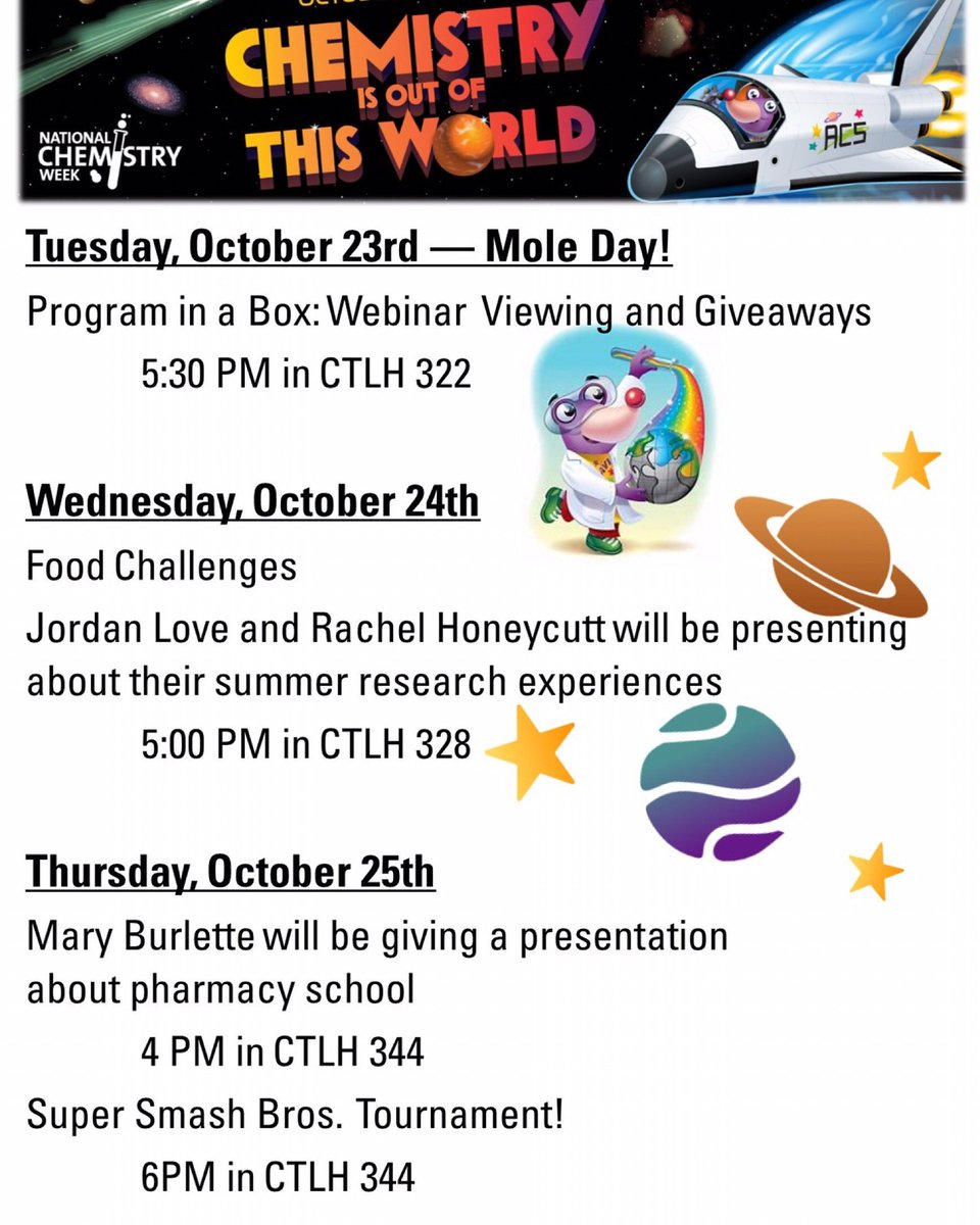 ACSLaTech's tweet photo. It's National Chemistry Week! The theme this year is Chemistry is Out of This World! We'll be having a bunch of activities this week, plus the third floor of CTLH has been decorated by our awesome members so y'all can really get in the spirit! We hope you'll come celebrate! https://t.co/ofMvGTkDgT