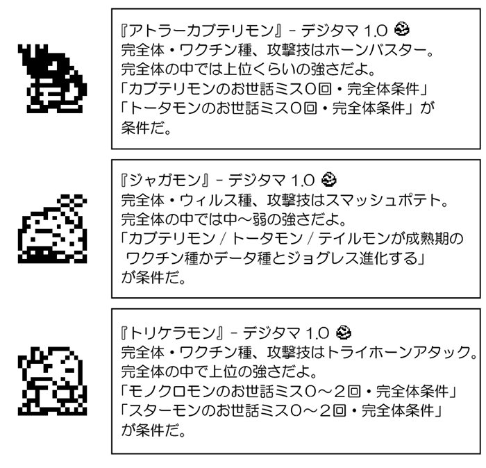 デジモンウェブ公式 デジタマ1 0の完全体 アトラーカブテリモン ジャガモン トリケラモン 次に トノサマゲコモン オオクワモン エンジェウーモンだ 完全体条件とは 完全体になる直前15回のバトルからの勝利数 となっていて 15戦中12勝以上すれば100 デジモンウェブ公式 デジタマ1 0の完全体 アトラーカブテリモン ジャガモン トリケラモン 次に トノサマゲコモン オオクワモン エンジェウーモンだ 完全体条件とは 完全体になる直前15回のバトルからの勝利数 となっていて 15戦中12勝以上すれば100
