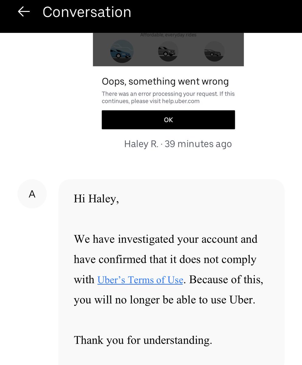 msreiser's tweet photo. @Uber_Support ‘s way of helping me travel in a foreign country was to permanently block my account- with no explanation. See below. And pray for @Uber because they suck so much. #thankyouforunderstanding https://t.co/dt4dVz496C