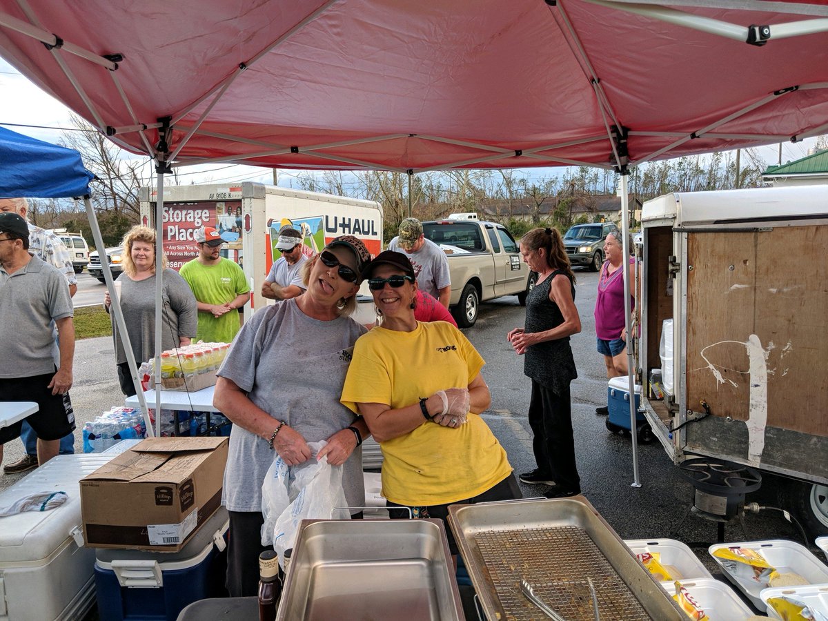 off_hook_marina's tweet photo. The OTH crew took it on the road yesterday. Cooked over 350 hot meals, set up a mobile medical clinic, passed out ice, basic&amp;medical supplies even bags of candy! Y'all helped us after Nate so we paid it forward to the good Folks of Youngstown hard hit by Hurricane Michael. https://t.co/CLUxTLif0p