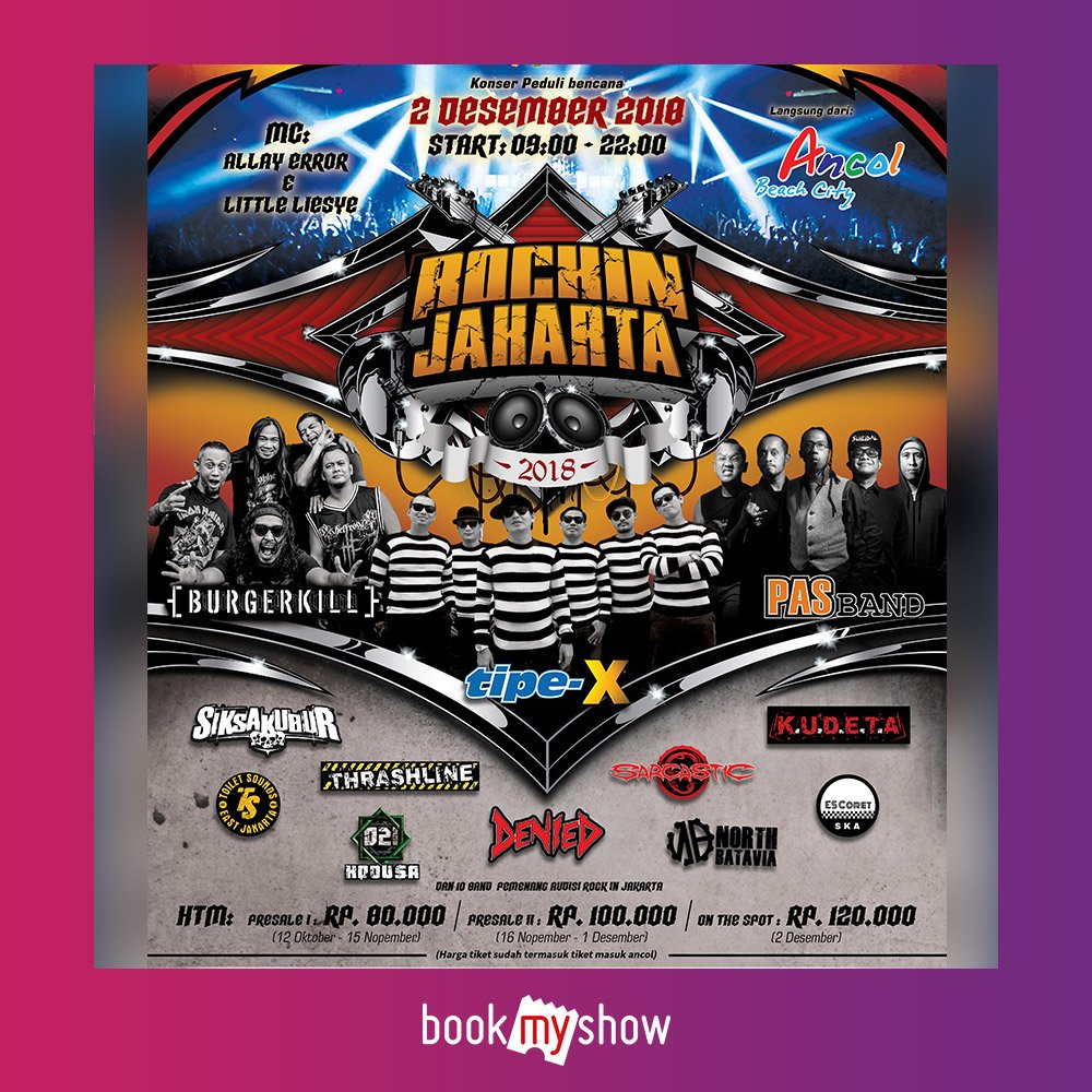 BookMyShow Indonesia (@bookmyshowid) on Twitter photo Reuni bareng band lawas UNDERGROUND era #90an :
<a href="/burgerkill/">Burgerkill Official</a> , <a href="/PASbandOfficial/">PAS Band</a> , <a href="/TipexBand/">Tipe-X</a> , <a href="/SIKSAKUBUR_DM/">SIKSAKUBUR</a> dan masih banyak lainnya.
| Konser pada 2 Desember 2018 di Pantai Karnaval, Ancol |
Pesan tiketnya sekarang di BookMyShow Indonesia bit.ly/bms-rockjkt
#BMSRockInJkt Reuni bareng band lawas UNDERGROUND era #90an :
<a href="/burgerkill/">Burgerkill Official</a> , <a href="/PASbandOfficial/">PAS Band</a> , <a href="/TipexBand/">Tipe-X</a> , <a href="/SIKSAKUBUR_DM/">SIKSAKUBUR</a> dan masih banyak lainnya.
| Konser pada 2 Desember 2018 di Pantai Karnaval, Ancol |
Pesan tiketnya sekarang di BookMyShow Indonesia bit.ly/bms-rockjkt
#BMSRockInJkt