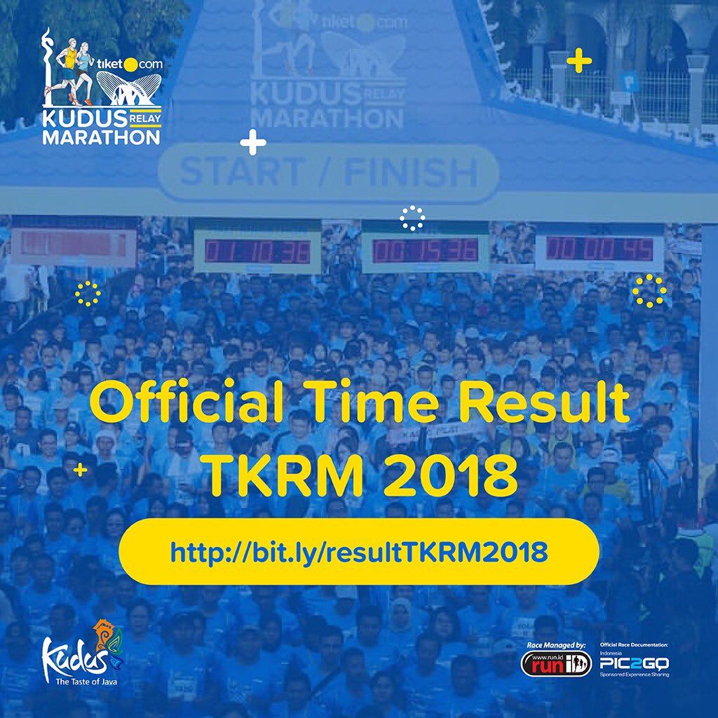 tkrm2018's tweet image. Selamat kepada seluruh peserta lomba #TKRM2018 dari setiap kategori yaitu Relay Marathon, Half Marathon, 10K, 5K dan Kids Fun Run.
Untuk hasil catatan waktu bisa cek di: bit.ly/resultTKRM2018

#tiketcomkudusrelaymarathon
#tkrm2018
#tiketkemanapun 
#kudus
#relaymarathon