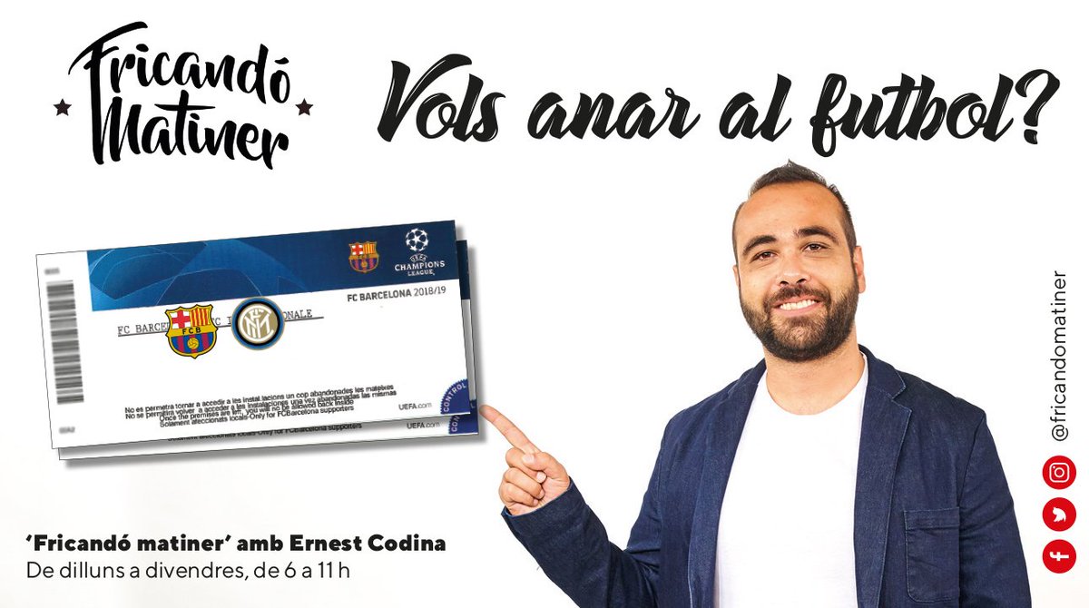 🎟⚽ Sortegem una entrada doble pel Barça - Inter d'aquest dimecres 24 a les 21 h al Camp Nou. Com?
1⃣ Segueix-nos
2⃣ Fes retuit d'aquest tuit (fixat)
3⃣ Comenta mencionant amb qui aniràs al partit si et toquen les entrades.
Dimecres triarem el/la guanyador/a. Sort a tots!!