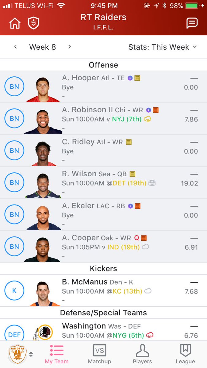 4thLineDusterr's tweet image. Season is about to be 3-4 (pending Austin Hooper miracle). Feedback is welcome for recommendations. Attached is my roster &amp;amp; week 7 free agents #fantasyfootball #Yahoofantasyfootball #FantasyFootballAdvice #fantasyproblems @andybehrens @YahooFantasy @YahooNoise @Rotoworld_FB