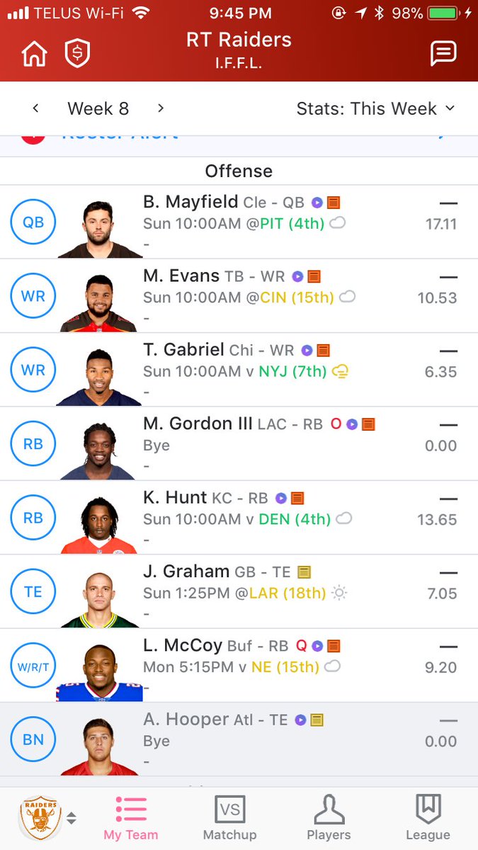 4thLineDusterr's tweet image. Season is about to be 3-4 (pending Austin Hooper miracle). Feedback is welcome for recommendations. Attached is my roster &amp;amp; week 7 free agents #fantasyfootball #Yahoofantasyfootball #FantasyFootballAdvice #fantasyproblems @andybehrens @YahooFantasy @YahooNoise @Rotoworld_FB