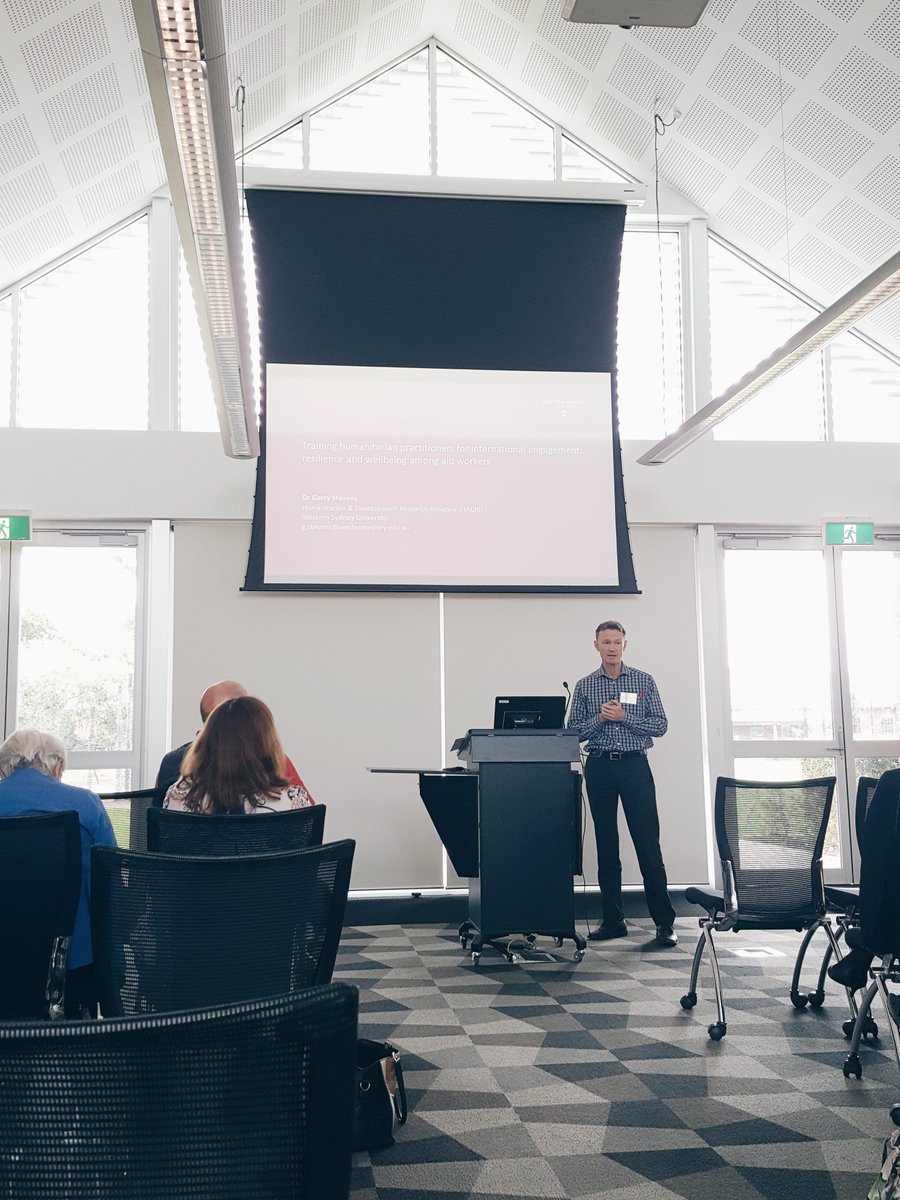 westsyduHADRI's tweet photo. HADRI's Dr Garry Stevens on the importance of resilience and wellbeing in the training of humanitarian practitioners for international engagement. #researchweek2018 #humanitarian #training #hadri2018 #internationalengagement https://t.co/t5g7ri9UCr
