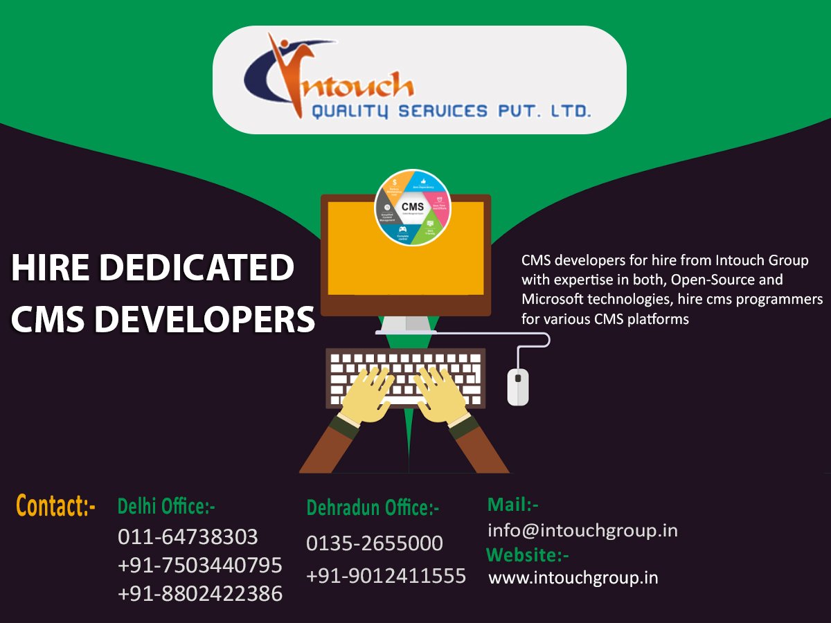 intouchgroup_in's tweet image. Hire the Best #CMS_Developers in India from Intouch Quality Services Pvt. Ltd. expertise in both open-source and Microsoft technologies. goo.gl/FRRCMe
Call us  - 91-8802422386  📞
email - info@intouchgroup.in  📧