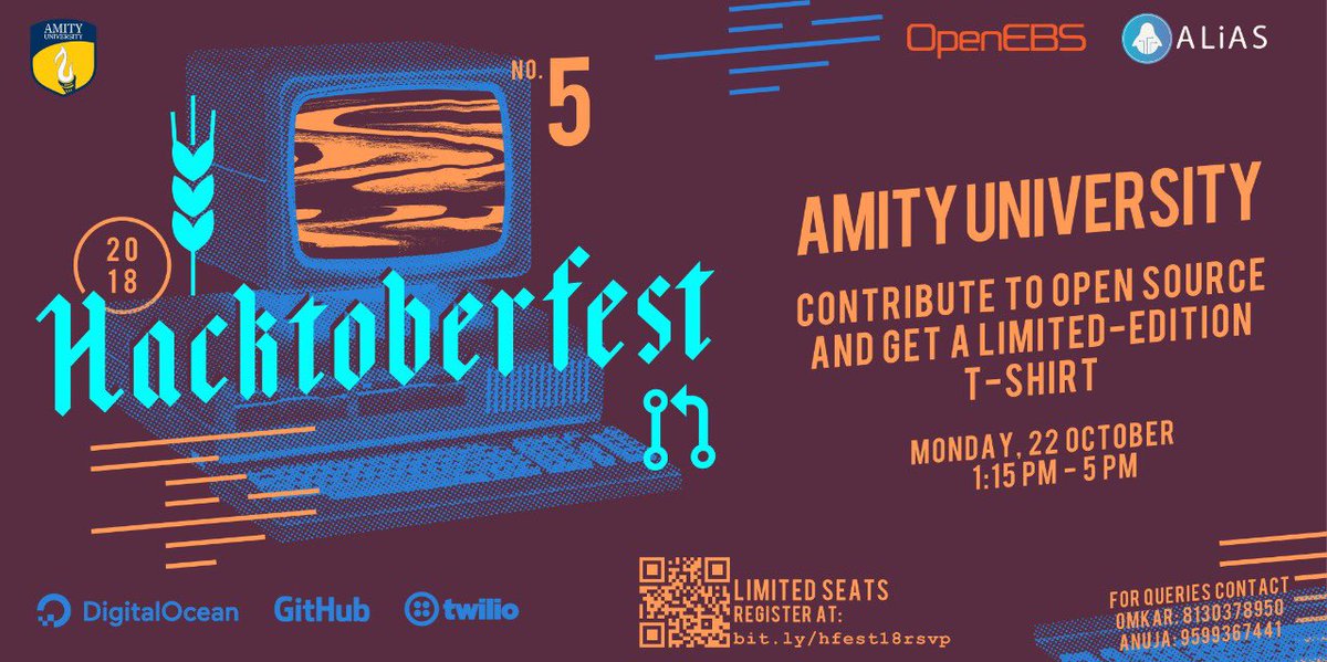 asetalias's tweet photo. [UPDATE] Join us at #Hacktoberfest2018 on 22nd October from 1.15 PM onwards at C Block Auditorium in @AmityUni in association with @openebs
#startcontributing in #opensource @digitalocean @github 
Register/RSVP now at https://t.co/vXF0o1FxuZ (Limited Seats). Amitians Only. https://t.co/q9iglbKwOd