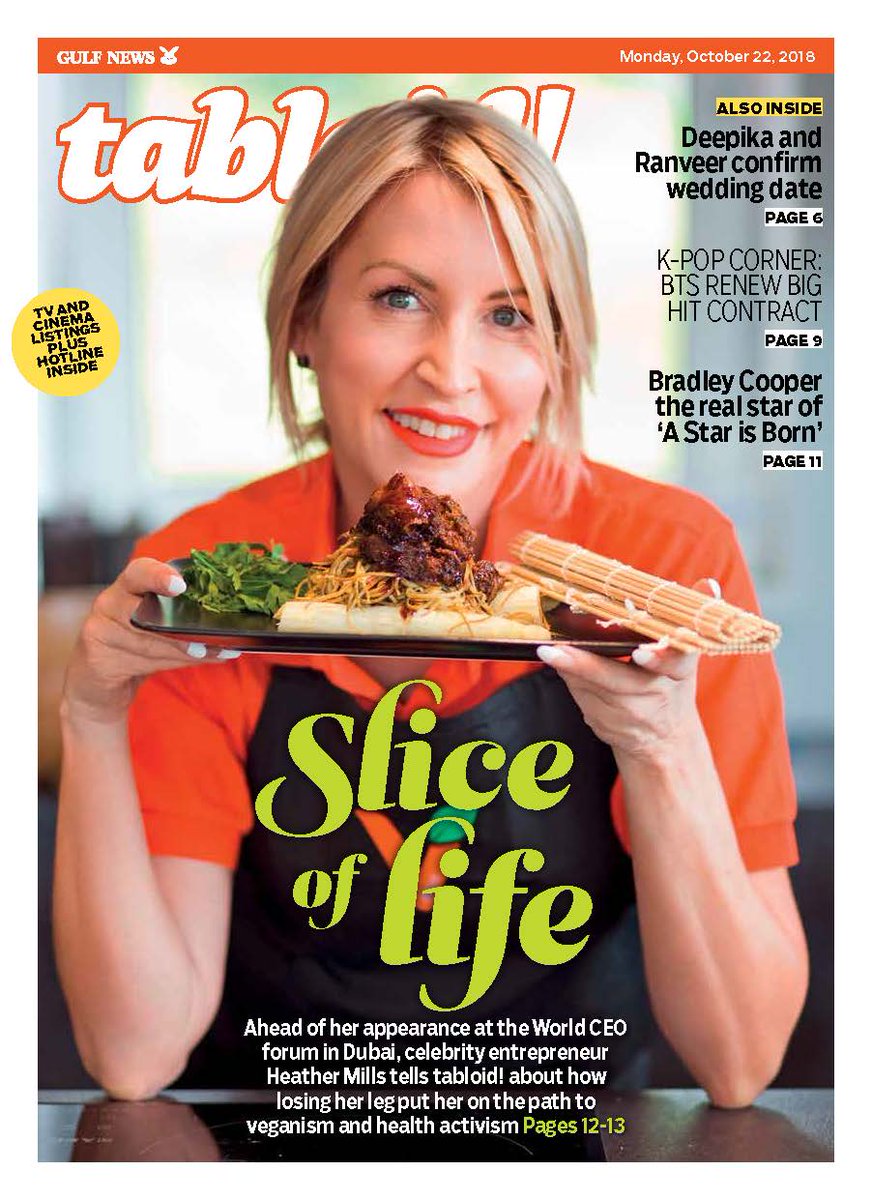 GulfNewsTabloid's tweet photo. Celebrity entrepreneur #HeatherMills will be flying the #vegan flag in Dubai today with her talk at the #WorldCeoForum. Don't miss our interview with her in today's issue: https://t.co/uNoa55uZ6Q #TabloidCover https://t.co/mpguR5jrqM