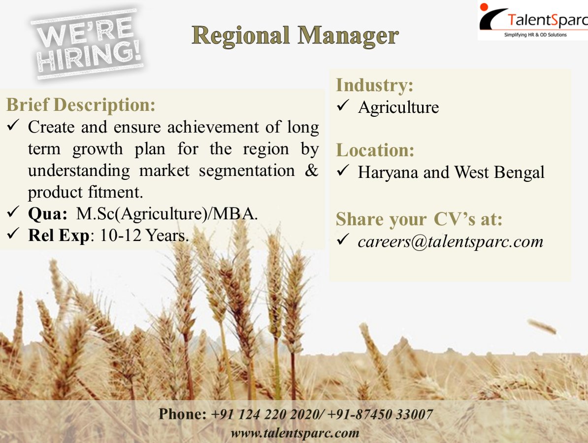 AnavioGlobal's tweet image. Jobs@ #TalentSparc: #RegionalManager - with Leading #Agriculture Industry client, Location: #WestBengal, #Haryana , Exp: #10to12years, Min. Qua: Any #Msc_Agriculture, #MBA.

Please follow us;
bit.ly/ts_Linkedin
bit.ly/ts_Twitter
bit.ly/ts_Insta
