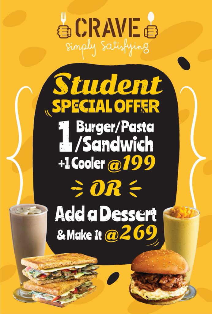 CraveComfort's tweet photo. Students at Churchgate your new spot to hangout and catch up is now here, head over to Crave with your gang for our oh so awesome #StudentComboOffer
.
.
#Crave #CraveComesToChurchgate #Churchgate #WhatDoYouCraveToday #EatSleepCraveRepeat https://t.co/WzmvPfE0g7