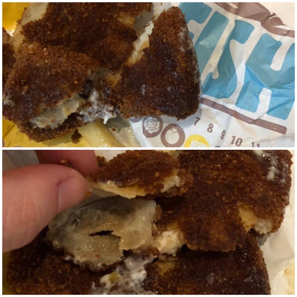 LeeClarry's tweet photo. When you order a fish burger from @BurgerKing - the crumbs were burnt and soggy, half had no fish in it and the rest look like rubber. Disgusting! #burgerking #burger #colombo https://t.co/IBg7tiT3Rj