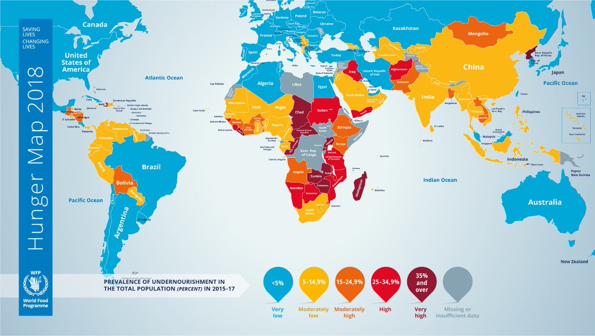 WFP's tweet image. 821 million people - more than 1 in 9 of the world population- do not get enough to eat. An overview of global #hunger by country ↘