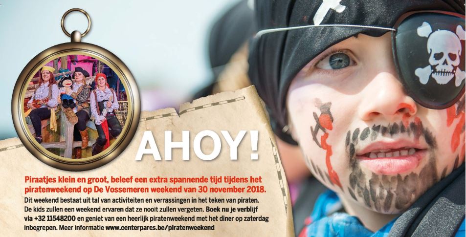 #AHOY #Piraten #Discoverybay Piraatjes klein en groot beleef een spannende tijd tijdens het Piratenweekend van 30 november 2018. Kom en laat je #verrassen. 
centerparcs.be/be-vl/piratenw…