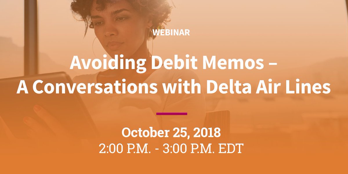 ARCtalk's tweet photo. Join @ARCtalk for this complimentary #webinar, "Avoiding Debit Memos – A Conversation with Delta Air Lines" on 10/25. Hear directly from @Delta on how your agency can avoid the most common errors that result in #debitmemos: refunds, exchanges & voids. https://t.co/J8YvemUNFJ https://t.co/nhp4jxcVqL