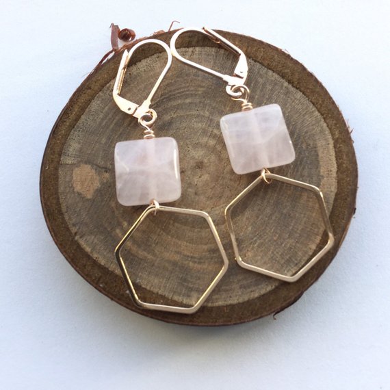 Geometric gemstone earrings newly listed in my @EtsyUK shop:  ow.ly/9XJG30mk3Si #OnlineCraft #londonislovinit #rosequartzearrings #geometricearrings