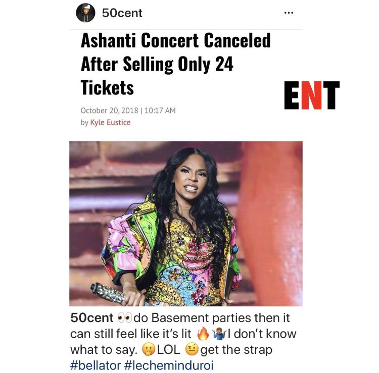 ENTNewsTalkTV's tweet photo. #50Cent had a lot to say about #Ashanti concert being cancelled after only 24 people purchased tickets. https://t.co/dyXXzycucB