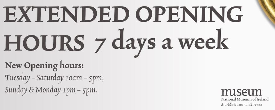 NMIreland's tweet photo. We are pleased to announce that from Monday 22nd of October 2018, we will be open to the public seven days a week.

We will now open on Mondays from 1pm – 5pm. We will also open an hour earlier on Sundays from 1pm–5pm. 

https://t.co/H42FL18dib … https://t.co/uUfHRJXUsN