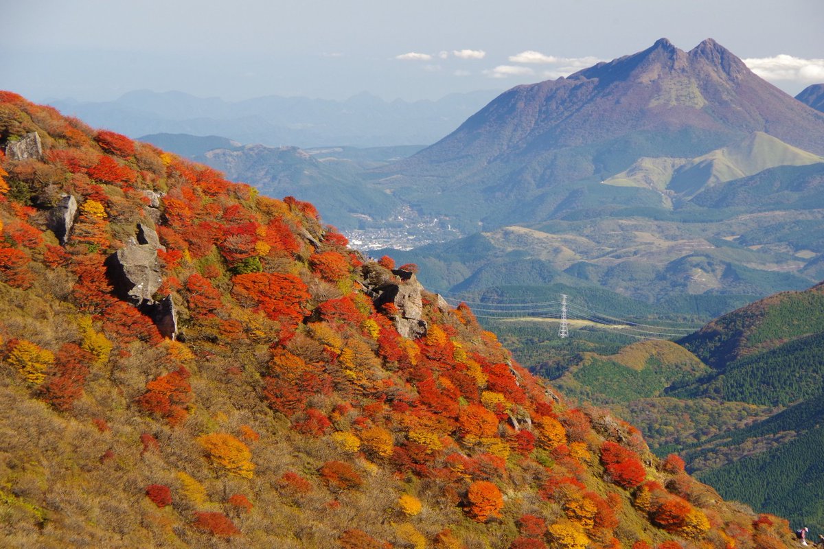 Pointing Twitter પર くじゅう連山 三俣山の北峰の紅葉 今まで見た中でもなかなかないよね ぐらいの凄まじい紅葉力であり 由布岳 とのセットがまた絵になる 三俣山本峰以降はかなりの悪路ながら 三俣山の紅葉の真価は北峰にあると感じ 行く価値あり