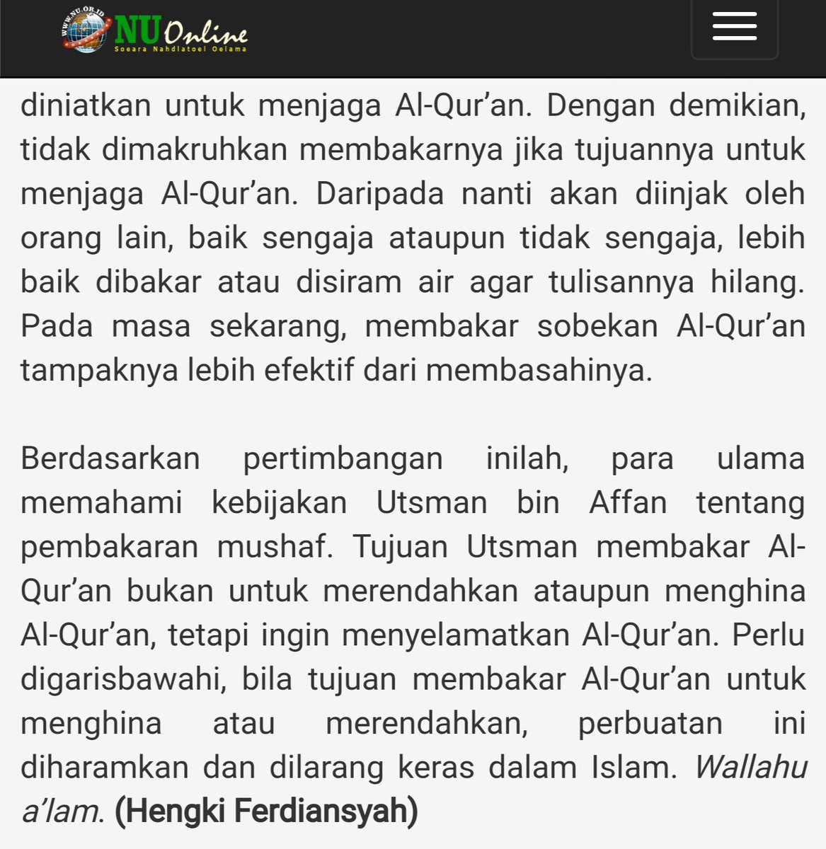 @04Nakula @GPAnsor_Satu @noeruzzaman @adtaufiq @qitmr @AfifFuadS @jinn_gemblung Anggap saja klaim HTI benar bhw itu adl kalimat tauhid ... tetap sj yg dilakukan kawan2 Banser sdh sesuai dg tuntunan unt membakar atau menghilangkan tulisannya dg air.

Karena justru HTI yg selama ini memperlakukan tanpa tuntunan dg menginjak-injaknya. 

nu.or.id/post/read/7703…