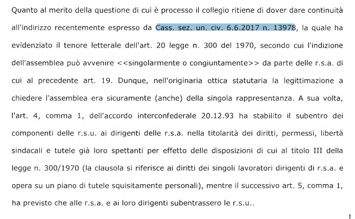 federicodaddio's tweet photo. #Cassazione n. 26210/2018: diritto di indire #assemblea (art. 20 St. lav.) spetta anche al singolo componente #RSU purché eletto nelle liste di un sindacato dotato di #rappresentatività (art. 19 St. lav. come interpretato da Corte cost. n. 231/2013) https://t.co/KQVUgvwlKx https://t.co/yHDBNvSWIh