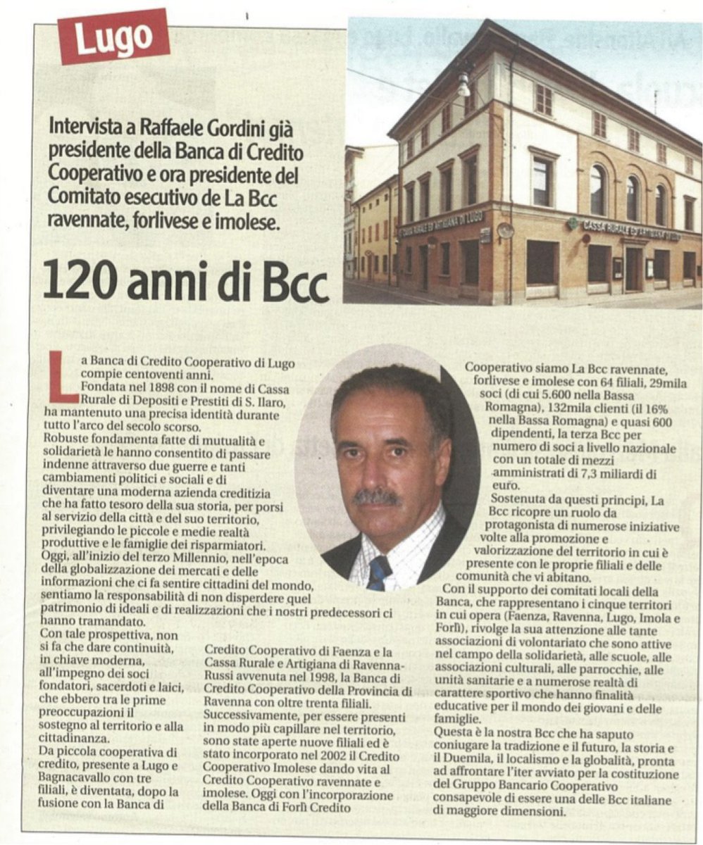 120 anni fa nasceva la Banca di Credito Cooperativo di Lugo (Ra), poi confluita nella <a href="/LaBCC_ra_fo_im/">La BCC ravennate forlivese e imolese</a>. Sul settimanale Il Piccolo l'intervista a Raffaele Gordini.
@ConfcoopRavenna
