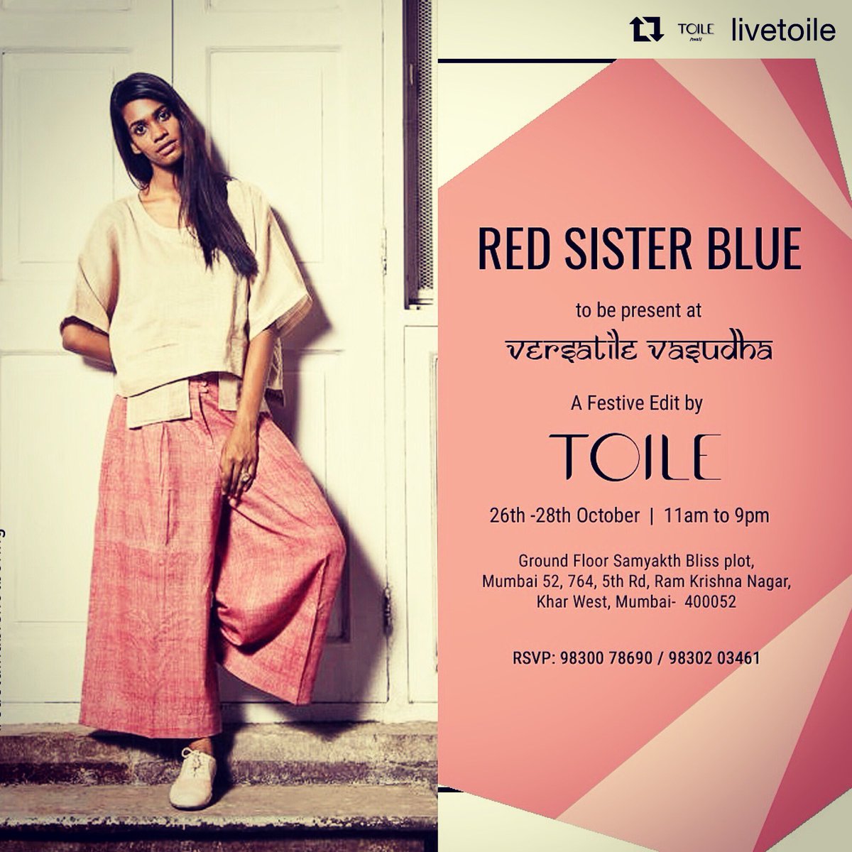 RedSisterBlue's tweet photo. #Repost @livetoile with @get_repost
・・・
Check out the latest collection of designer @redsisterblue at Versatile Vasudha: The Festive Edit, Mumbai.
26th-28th October, 12pm to 8pm.
Address: Toile - Samyakth Bliss, Plot no. 764, 5th Road, Opp Tara Mahal, 5th Road, Khar West https://t.co/kAPQoZxlpV