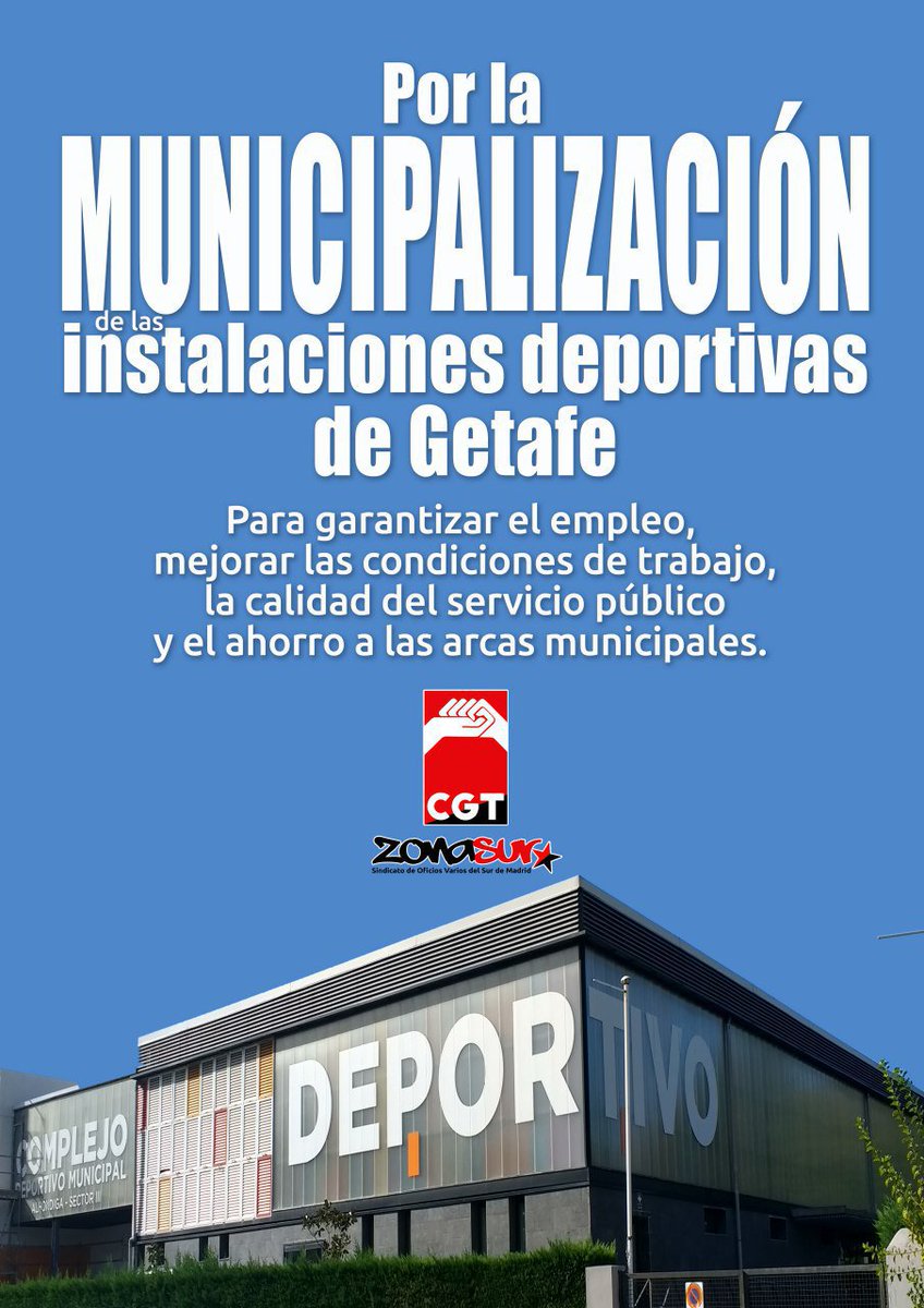 cgtzonasur's tweet image. [GETAFE] El Ayuntamiento de #Getafe mantiene la #privatización de las Instalaciones Deportivas dividiendo el servicio en 3 contratas distintas. 

@aytogetafe @sara_heba
@PsoeGetafe @psoe_m

#DeportesGetafe
@CGT #xLoPúblico #MunicipalizacióYa

⬇️⬇️⬇️
cgtzonasur.org/el-ayuntamient…