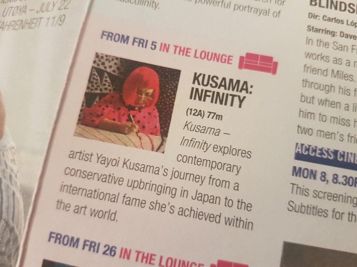 What an amazing woman! If you’re struggling to get tickets for Yayoi Kusama’s exhibition at <a href="/victoriamiro/">Victoria Miro</a> , don’t miss this film about her extraordinary life and career. It’s on at the <a href="/BroadwayCinema/">Broadway Cinema</a> until Thursday, and you get to watch it in the comfort of the cosy lounge :)