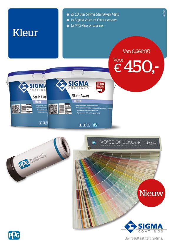 Sigma StainAway: de nieuwe muurverf met uitstekende isolering dankzij de Stain Blocking Technology, isoleert o.a. waterkringen, rook-, roet en nicotine-aanslag. Zeer goede dekking, Schrobklasse 1 volgens NEN EN 13300, Isoleert in de meeste gevallen in één laag!