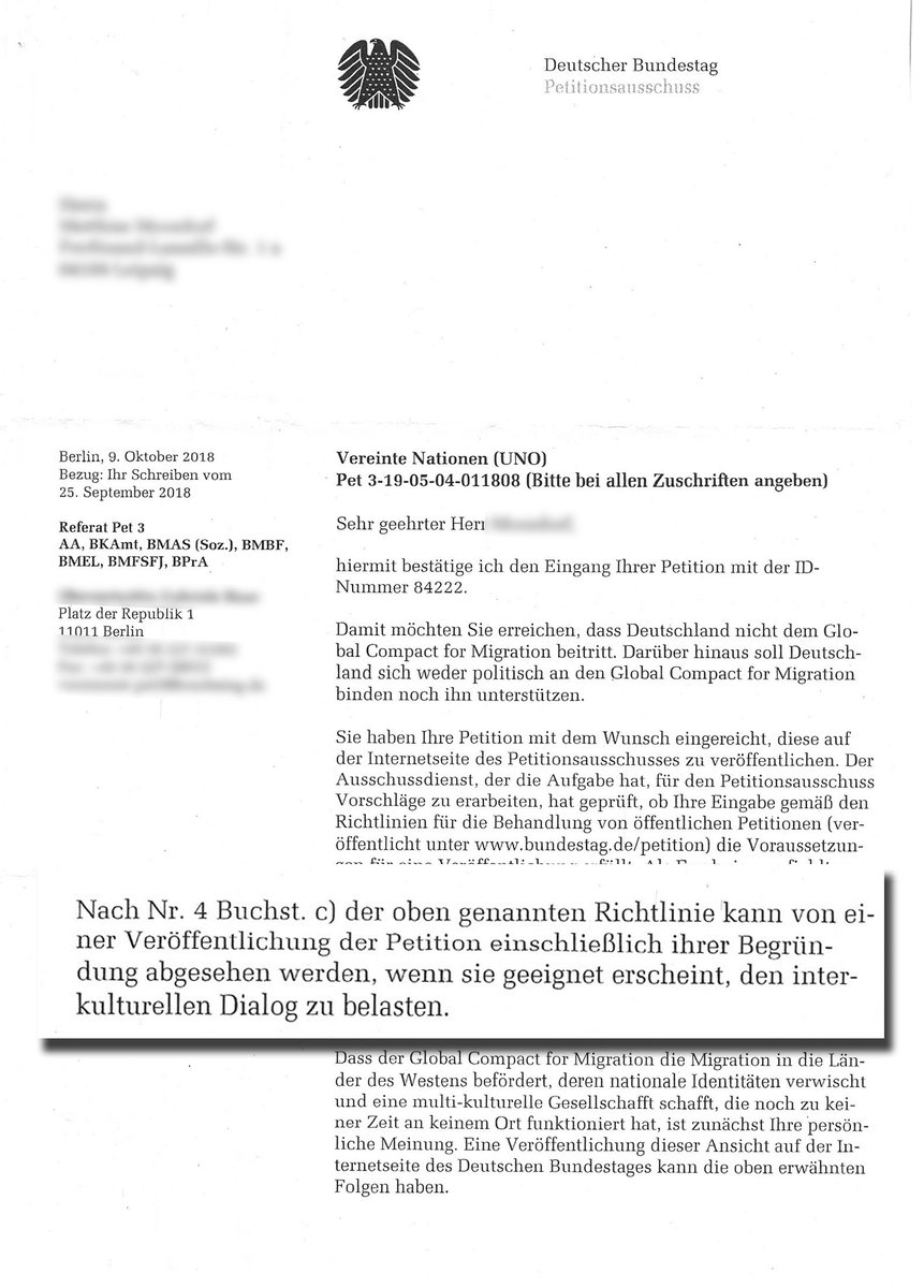 Eine Petition wird nicht auf den Internetseiten des Deutschen #Bundestages veröffentlicht, weil die Verwaltung der Meinung ist, eine Veröffentlichung könnte den interkulturellen Dialog belasten. Somit ist klar, wie mit anderen Meinungen umgegangen wird! #GlobalCompactMigration