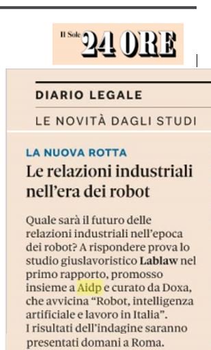 Domani,<a href="/cnel_it/">Consiglio Nazionale dell'Economia e del Lavoro</a> presentiamo i risultati del 1° rapporto su #Robot, #AI e #Lavoro in Italia, realizzato da #AIDP insieme @LABLAW_Legal e curato <a href="/doxa_research/">BVA Doxa</a> aidp.it/events/present…