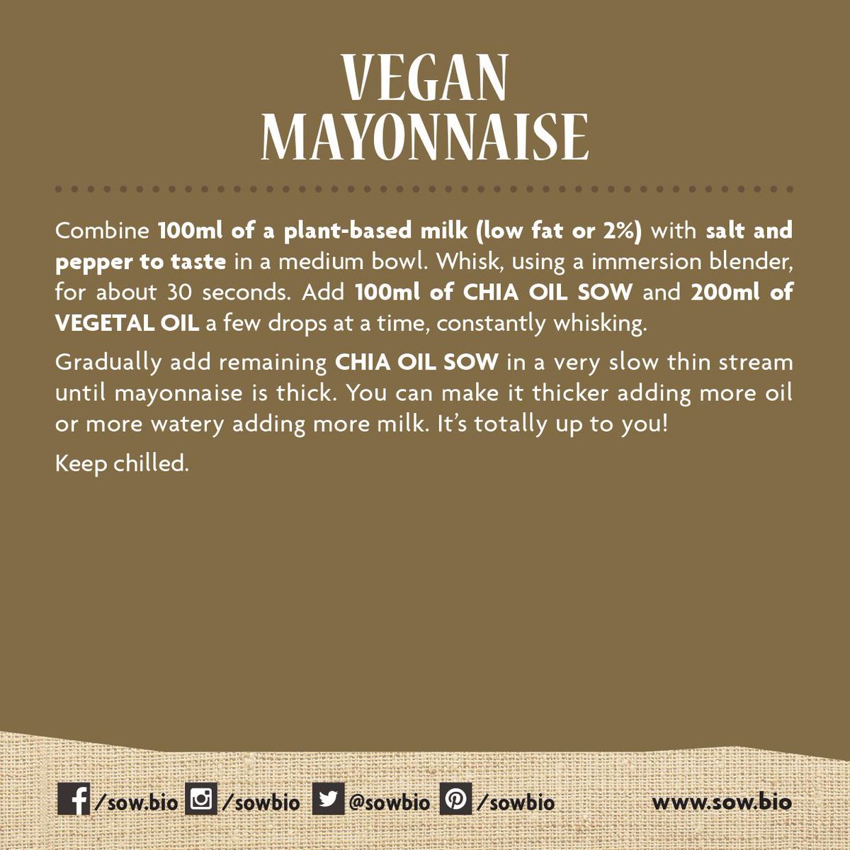 Capsularis1's tweet photo. Bonjour à toutes et à tous,

En ce début de semaine, nous vous communiquons une recette de mayonnaise vegan réalisée avec l'huile de Chia de la marque SOW ( meilleure source végétale d'acides gras oméga-3) développé par BENEXIA .

Une recette simple mais aux multiples bienfaits! https://t.co/vAGsEMeoqz