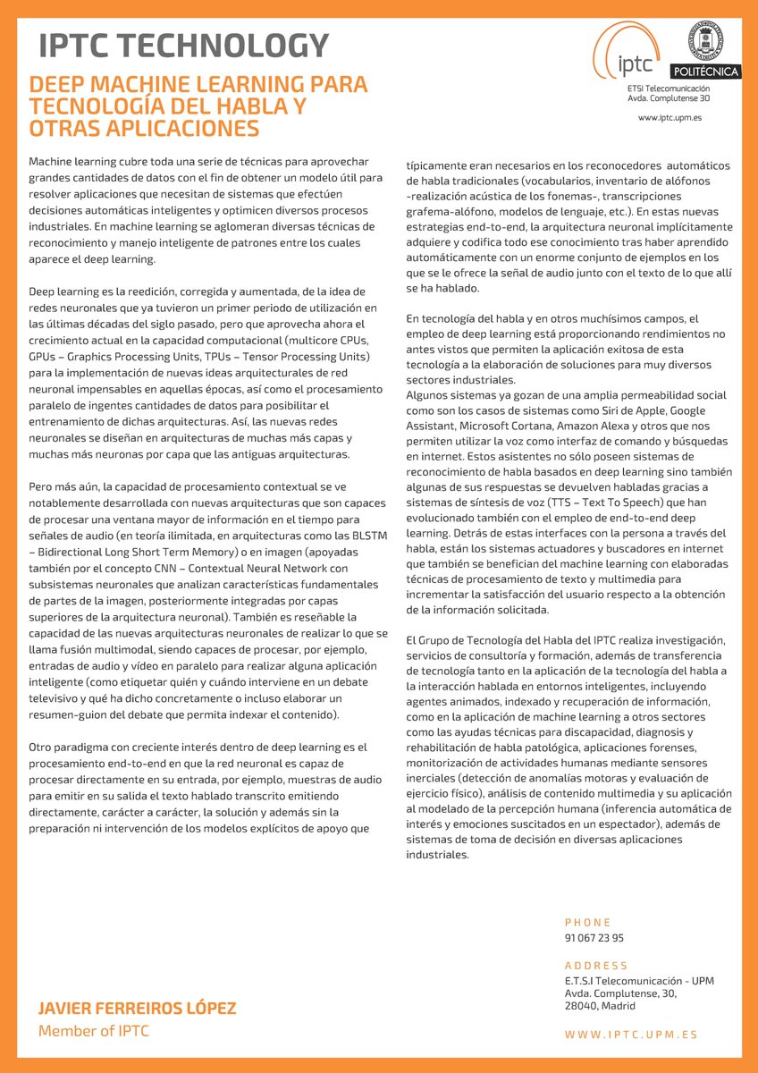 IPTC_upm's tweet image. IPTC Technology. #DeepMachineLearning