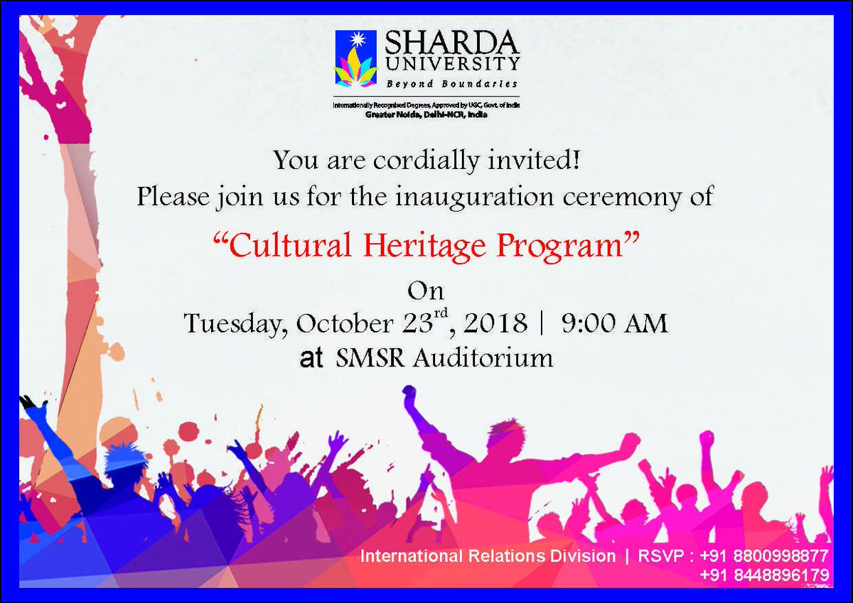 sharda_uni's tweet photo. @sharda_uni pleased to inform that we are hosting a #CulturalHeritageProgram from 23rd-29th of October 2018. Students from #UnitedStates , #Brazil, #Greece, #Austria, #Turkey, #Israel, etc., will be honoring our abode with their presence. https://t.co/ocMDEc28tD