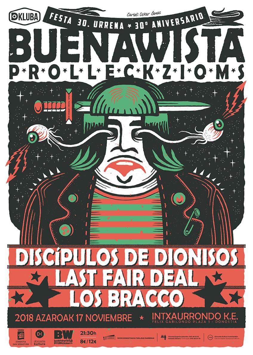 ⚡🔥DONOSTI🔸Azaroak 17 Noviembre🔥⚡
Nos vemos en el 30° aniversario de <a href="/BWProlleckzioms/">BW Buenawista</a>. Tantos años apoyando la cultura merecen un buen fiestorro!  
Con #discípulosdedionisos y @LosBracco! Os esperamos! 🍻💛🍻
Entradas: bit.ly/2CwKcQe
Artwork: @oskarbenas 👏👏👏