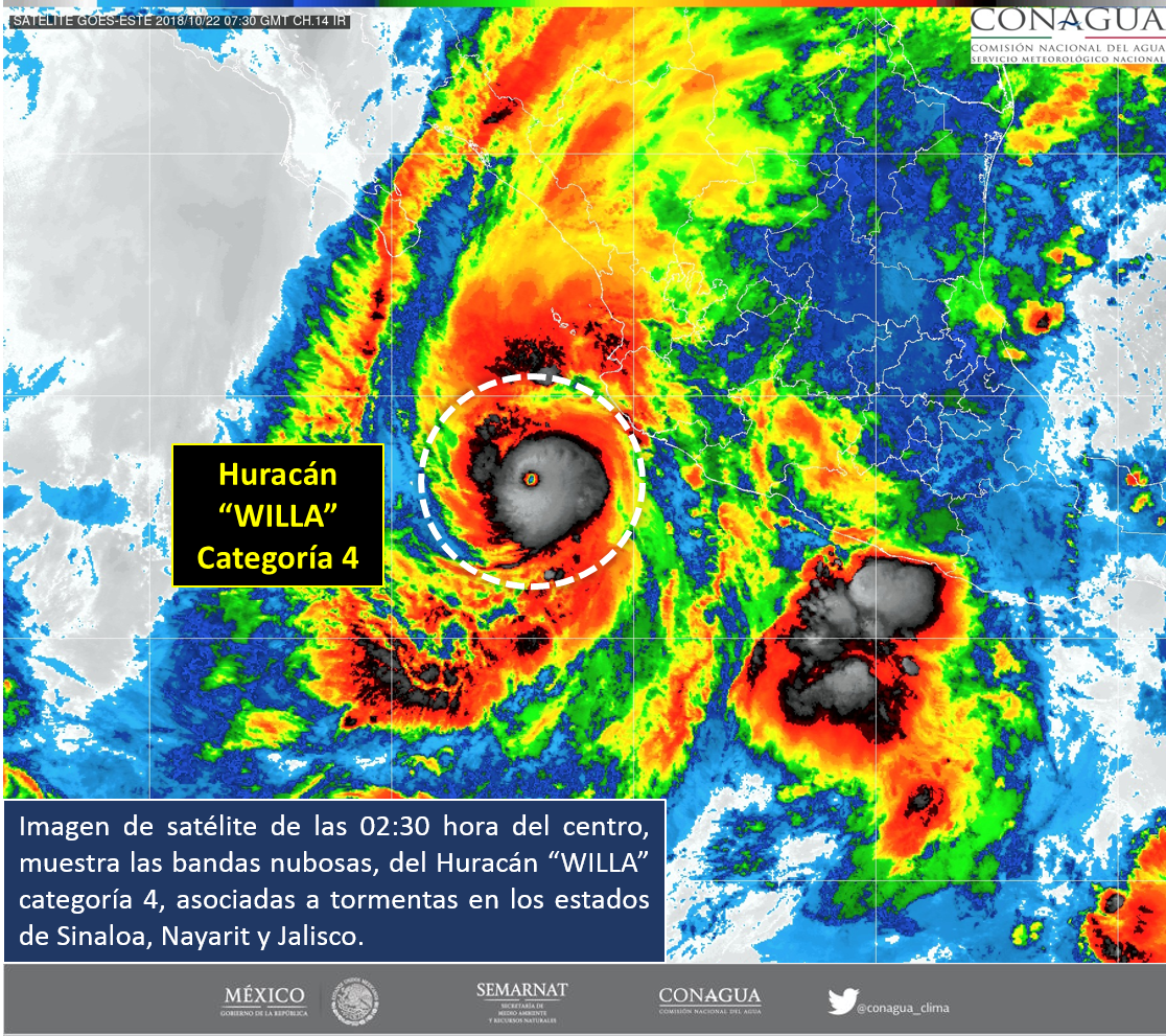 conagua_clima's tweet photo. Imagen de satélite de las 02:30 h, muestra bandas nubosas del #Huracán "Willa categoría 4, asociadas a "Tormentas en #Sinaloa, #Nayarit y #Jalisco. https://t.co/swAnN6RbUb