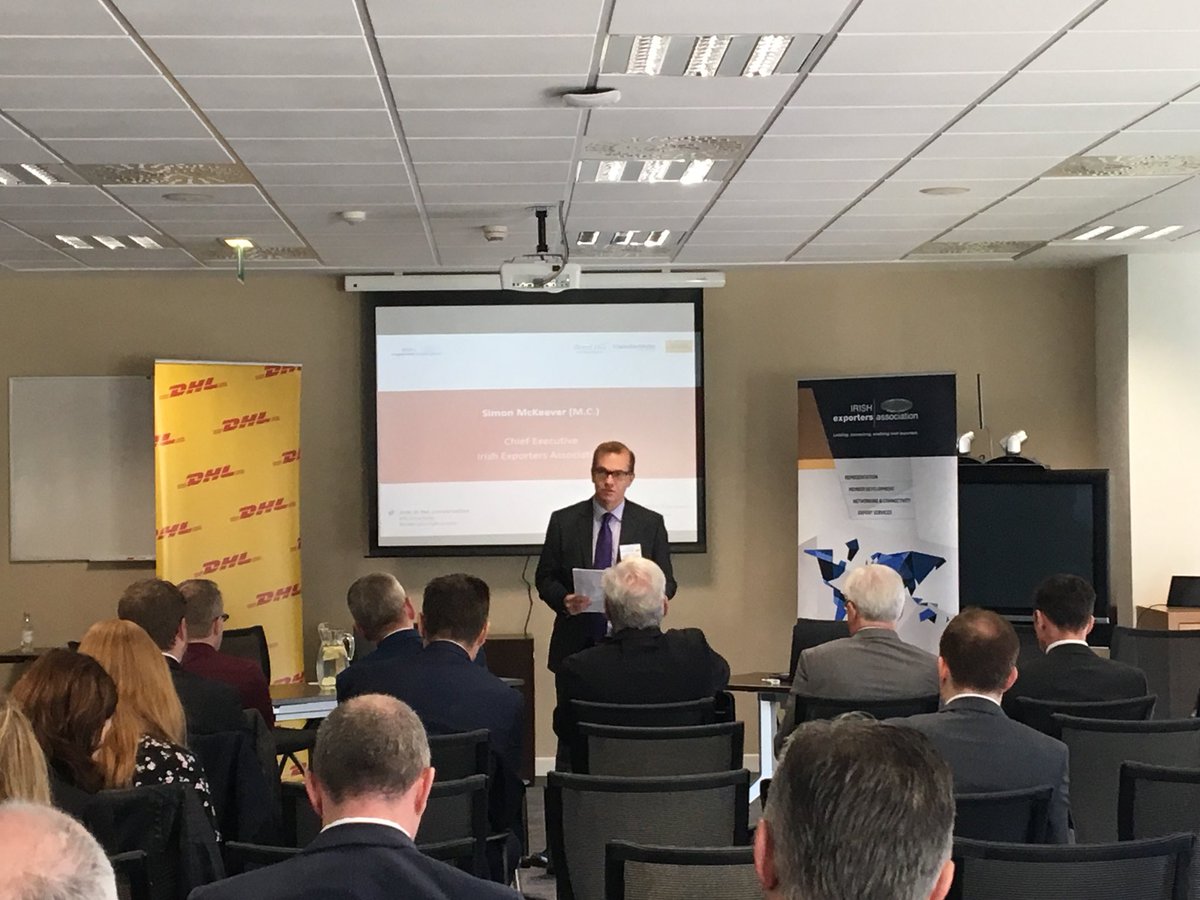 IrishExporters's tweet photo. #Simonmckeever sets the scene and welcomes sponsors @DHLExpressIre @TransferMate @Bordbia to @McAfee #IEAmarkets #internationalmarkets Case studies from @HovioneGroup @Irishdistillers about market opportunities in Canada. https://t.co/NQCjbccf5v
