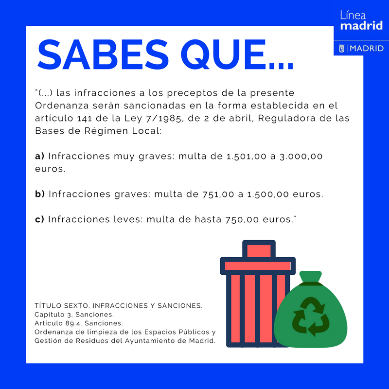 Lineamadrid's tweet photo. ¿Sabes a lo qué te arriesgas? 👮💸
Hasta 3 000€ por infracciones a los preceptos de la «Ordenanza de #limpieza de los espacios públicos y gestión de residuos» de @MADRID 👉 https://t.co/8BxJVv0Y5a
#Ordenanza📢 https://t.co/ISp1bVKLH7