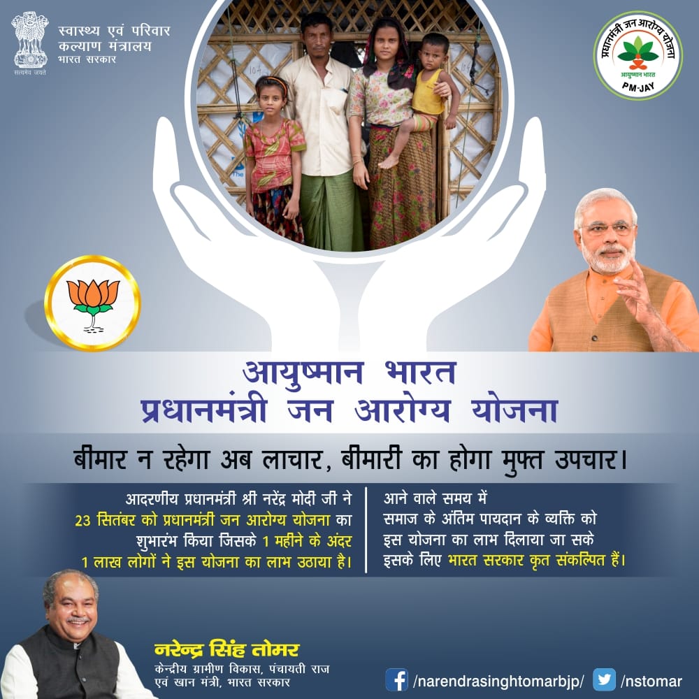 Narendra Singh Tomar (@nstomar) on Twitter photo рдкреНрд░рдзрд╛рдирдордВрддреНрд░реА рд╢реНрд░реА <a href="/narendramodi/">Narendra Modi</a> рдЬреА рдиреЗ 23 рд╕рд┐рддрдВрдмрд░ рдХреЛ #PMJAY рдХрд╛ рд╢реБрднрд╛рд░рдВрдн рдХрд┐рдпрд╛, рдЬрд┐рд╕рдХреЗ 1 рдорд╣реАрдиреЗ рдХреЗ рдЕрдВрджрд░ рд╣реА 1 рд▓рд╛рдЦ рд▓реЛрдЧреЛрдВ рдиреЗ рдЗрд╕ рдпреЛрдЬрдирд╛ рдХрд╛ рд▓рд╛рдн рдЙрдард╛рдпрд╛ред рдЖрдиреЗ рд╡рд╛рд▓реЗ рд╕рдордп рдореЗрдВ рд╕рдорд╛рдЬ рдХреЗ рдЕрдВрддрд┐рдо рдкрд╛рдпрджрд╛рди рдХреЗ рд╡реНрдпрдХреНрддрд┐ рдХреЛ рдЗрд╕ рдпреЛрдЬрдирд╛ рдХрд╛ рд▓рд╛рдн рджрд┐рд▓рд╛рдпрд╛ рдЬрд╛ рд╕рдХреЗ рдЗрд╕рдХреЗ рд▓рд┐рдП рднрд╛рд░рдд рд╕рд░рдХрд╛рд░ рдХреГрдд рд╕рдВрдХрд▓реНрдкрд┐рдд рд╣реИред
#SaafNiyatSahiVikas рдкреНрд░рдзрд╛рдирдордВрддреНрд░реА рд╢реНрд░реА <a href="/narendramodi/">Narendra Modi</a> рдЬреА рдиреЗ 23 рд╕рд┐рддрдВрдмрд░ рдХреЛ #PMJAY рдХрд╛ рд╢реБрднрд╛рд░рдВрдн рдХрд┐рдпрд╛, рдЬрд┐рд╕рдХреЗ 1 рдорд╣реАрдиреЗ рдХреЗ рдЕрдВрджрд░ рд╣реА 1 рд▓рд╛рдЦ рд▓реЛрдЧреЛрдВ рдиреЗ рдЗрд╕ рдпреЛрдЬрдирд╛ рдХрд╛ рд▓рд╛рдн рдЙрдард╛рдпрд╛ред рдЖрдиреЗ рд╡рд╛рд▓реЗ рд╕рдордп рдореЗрдВ рд╕рдорд╛рдЬ рдХреЗ рдЕрдВрддрд┐рдо рдкрд╛рдпрджрд╛рди рдХреЗ рд╡реНрдпрдХреНрддрд┐ рдХреЛ рдЗрд╕ рдпреЛрдЬрдирд╛ рдХрд╛ рд▓рд╛рдн рджрд┐рд▓рд╛рдпрд╛ рдЬрд╛ рд╕рдХреЗ рдЗрд╕рдХреЗ рд▓рд┐рдП рднрд╛рд░рдд рд╕рд░рдХрд╛рд░ рдХреГрдд рд╕рдВрдХрд▓реНрдкрд┐рдд рд╣реИред
#SaafNiyatSahiVikas