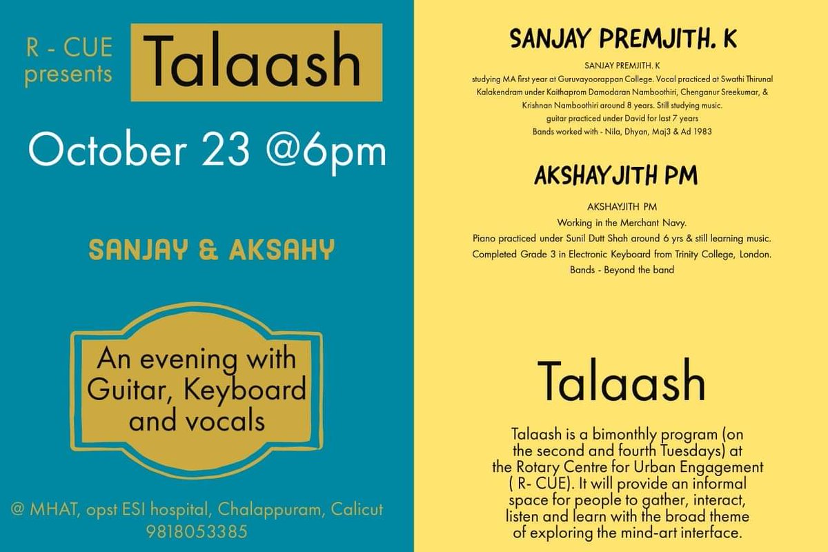 Join us this week for our Talaash event

#mhat #MentalHealthMatters #mentalhealth #calicut #artinthecity #talaash
