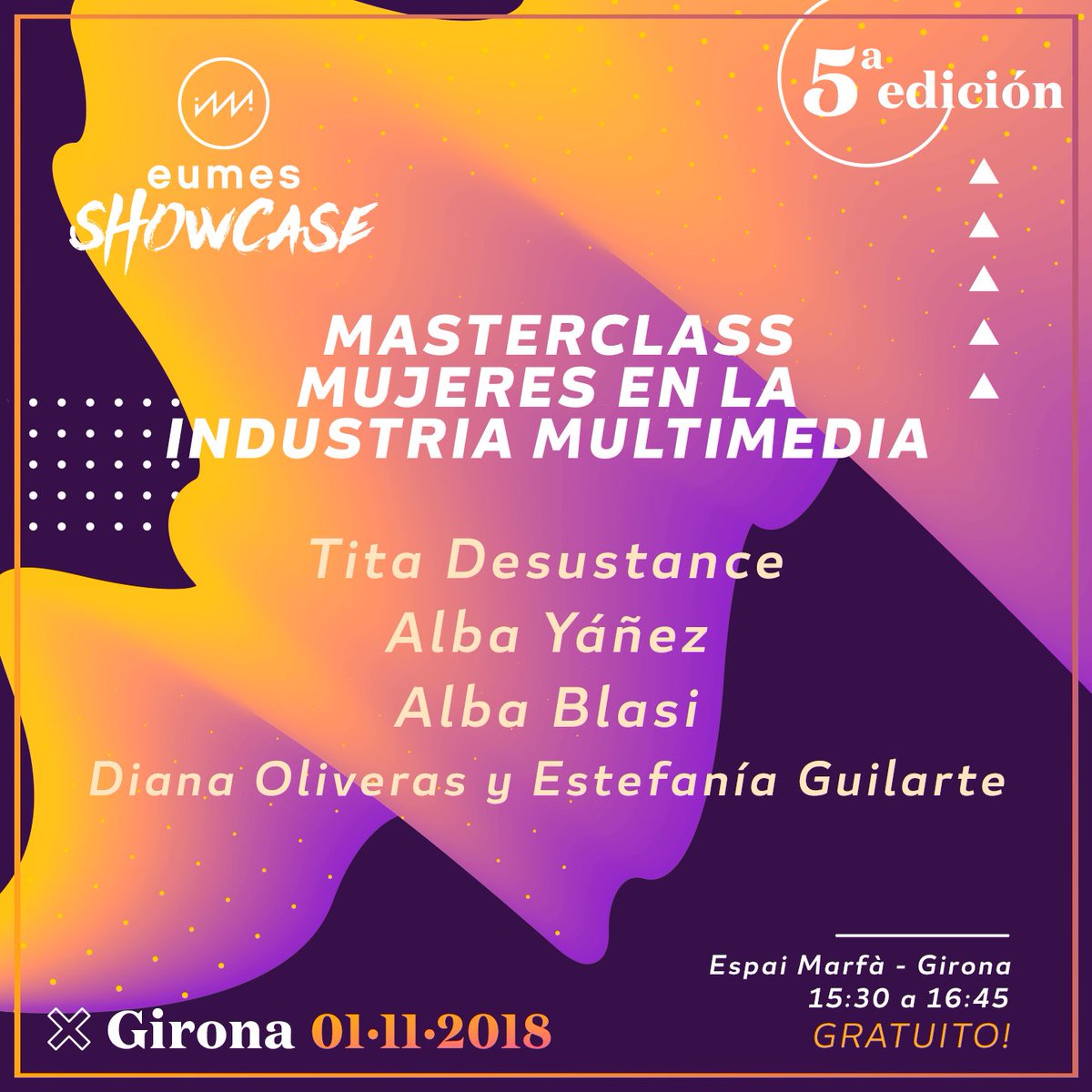 Eumes (@eumesmusic) on Twitter photo 🔊Mujeres en la industria multimedia 🔊
Tita Desustance
Alba Yáñez
Alba Blasi
Diana Oliveras y Estefanía
¡Evento gratuito! plazas limitadas.
✍🏻 Mándanos un correo especificando "Mujeres en la industria multimedia" a 📩 eumesmeets@eumes.cat
🕐 15:30h 📍Espai Marfà 🔊Mujeres en la industria multimedia 🔊
Tita Desustance
Alba Yáñez
Alba Blasi
Diana Oliveras y Estefanía
¡Evento gratuito! plazas limitadas.
✍🏻 Mándanos un correo especificando "Mujeres en la industria multimedia" a 📩 eumesmeets@eumes.cat
🕐 15:30h 📍Espai Marfà