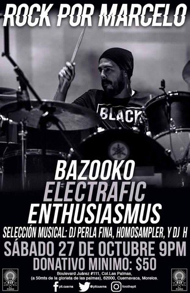 Universal1029's tweet photo. Próximo sábado 27 de octubre se realizará una tocada de #Rock en apoyo a #Marcelo, donativo mínimo de $50.00, podrás disfrutar música de #Bazooko, @Electrafic, #Enthusiasmus, además de una selección musical por DJ Perla Fina,@PacoLopezGalvez y @sonidototal (Dj H) ¡Allá nos vemos! https://t.co/J3Kq64zs4L