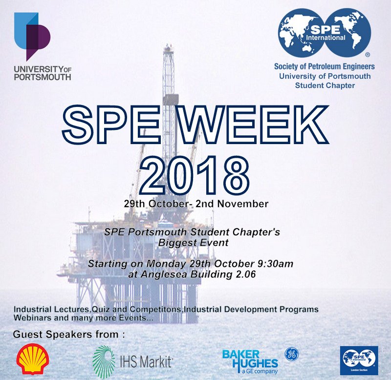 UoPSCES's tweet photo. The clock is ticking: on Monday starts the Society of Petroleum Engineering week (SPE). Great external speakers will also attend the event so make sure you join! @SPEPortsmouthUP https://t.co/rRx41fOEMk