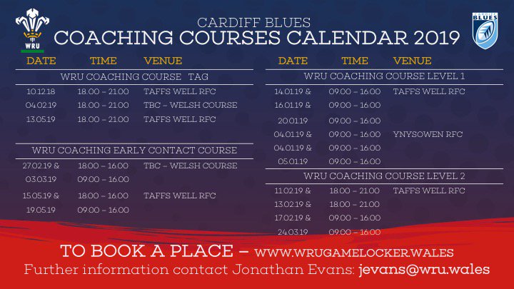 More coaching course dates now available for 2019 in the Cardiff Blues Region @ wrugamelocker.wales Book early to avoid disappointment.
#thosewhoexcel