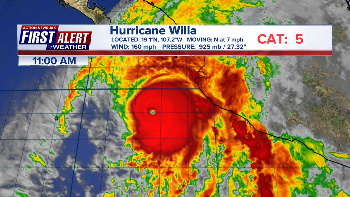 CSimmaWX's tweet photo. #Willa a raging monster as it approaches the west coast of Mexico. Winds up to 160 mph #FirstAlertWX https://t.co/FdLk14D37M